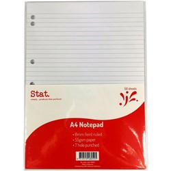 STAT NOTEPAD A4 8MM RULED 55Gsm White 7 Hole Punched 50 Sheet
