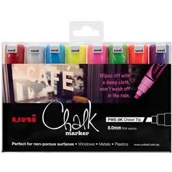 Uni-Ball Chalk Marker Chisel Tip 8mm Assorted colours Pack of 8
