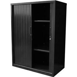 Go Steel Tambour Door Storage Cupboard Includes 2 Shelves 1016Hx1200Wx473mmD Black