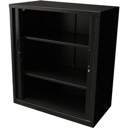 Go Steel Tambour Door Storage Cupboard Includes 2 Shelves 1016Hx900Wx473mmD Black