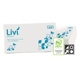 Livi Essentials Hand Towel XL 1 Ply pack 100 Sheets 360 x 230mm Carton of 24