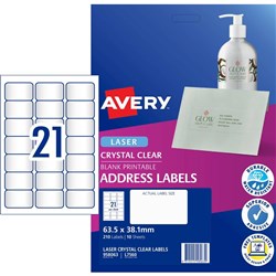 Avery Crystal Clear Laser Address Label 21UP 63.5x38.1mm 210 Labels 10 Sheets