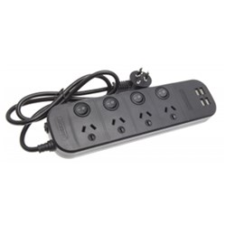 LEDAH 4 WAY POWERBOARD SWITCH BLACK 1M LEAD 4 x USB