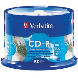 CD- VERBATIM CD-R PRINTABLE INK JET 80MIN 52X SPINDLE OF 50 PK50