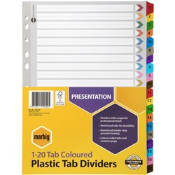 DIVIDERS A4 20 TAB REINF PP ASSORTED
