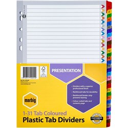 DIVIDERS A4 31 REINF TAB BRD ASST COLOUR PACK