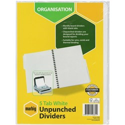 MARBIG UNPUNCHED DIVIDERS 5 Tab A4 White SET