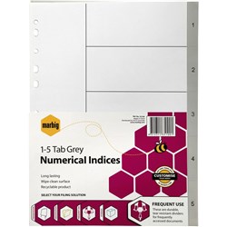MARBIG POLYPROPYLENE INDICES - NUMERICAL 1-5 A4 Grey SET