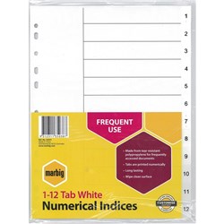 MARBIG POLYPROPYLENE INDICES - NUMERICAL 1-12 A4 White SET