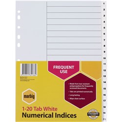 MARBIG POLYPROPYLENE INDICES - NUMERICAL 1-20 A4 White SET