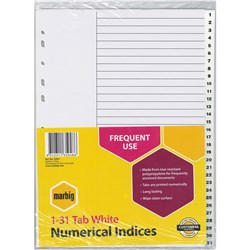 MARBIG POLYPROPYLENE INDICES - NUMERICAL 1-31 A4 White SET