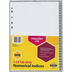 MARBIG POLYPROPYLENE INDICES - NUMERICAL 1-54 A4 Grey SET