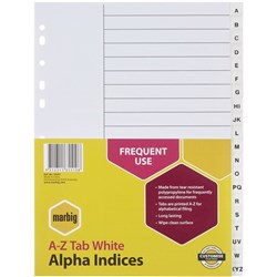 MARBIG POLYPROPYLENE INDICES - ALPHABETICAL A-Z A4 White SET