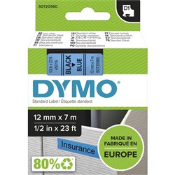 DYMO D1 LABEL CASSETTE TAPE 12MM x 7M Black on Blue