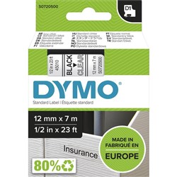 DYMO D1 LABEL CASSETTE TAPE 12MM x 7M Black on Clear