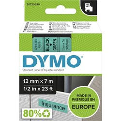 DYMO D1 LABEL CASSETTE TAPE 12MM x 7M Black on Green