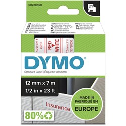 DYMO D1 LABEL CASSETTE TAPE 12MM x 7M Red on White