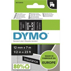 DYMO D1 LABEL CASSETTE TAPE 12MM x 7M White on Black