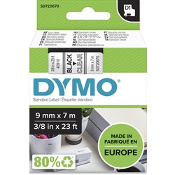 DYMO D1 LABEL CASSETTE TAPE 9MM x 7M Black on Clear