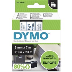 DYMO D1 LABEL CASSETTE TAPE 9MM x 7M Blue on White