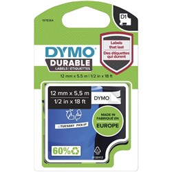 DYMO D1 LABEL CASSETTE TAPE Durable 12mm x 5.5m Black on White