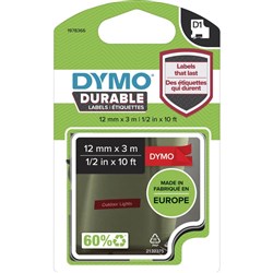 DYMO D1 LABEL CASSETTE TAPE Durable 12mm x 3m White on Red