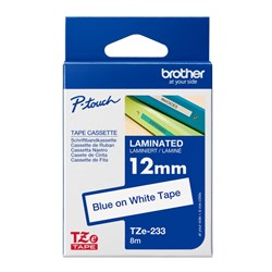 BROTHER TZE233 PTOUCH TAPE 12MM x 8M Blue on White Tape LAMINATED